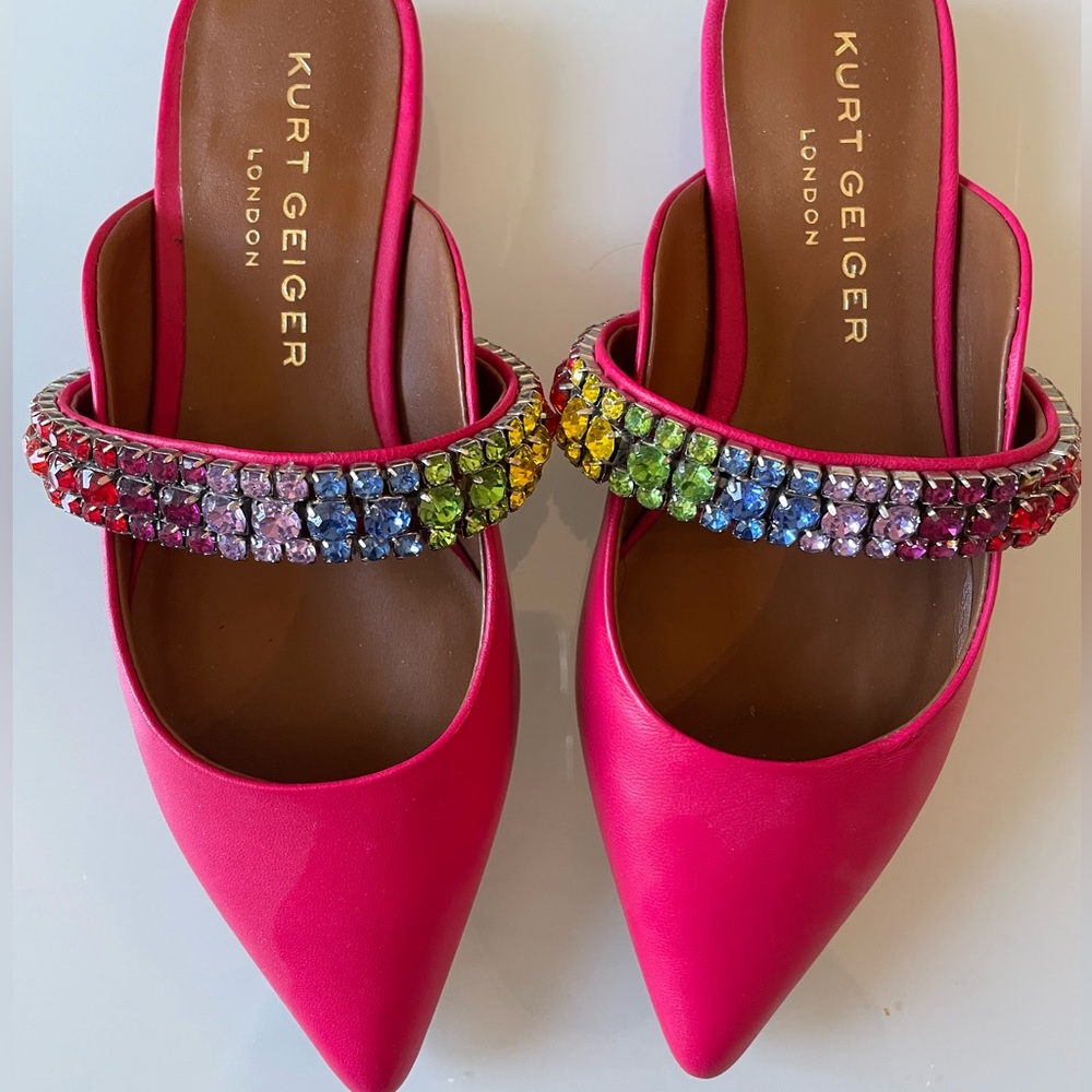 Kurt Geiger Princely Flats Mules Pink Rainbow Crystals Sz 35 NWOT